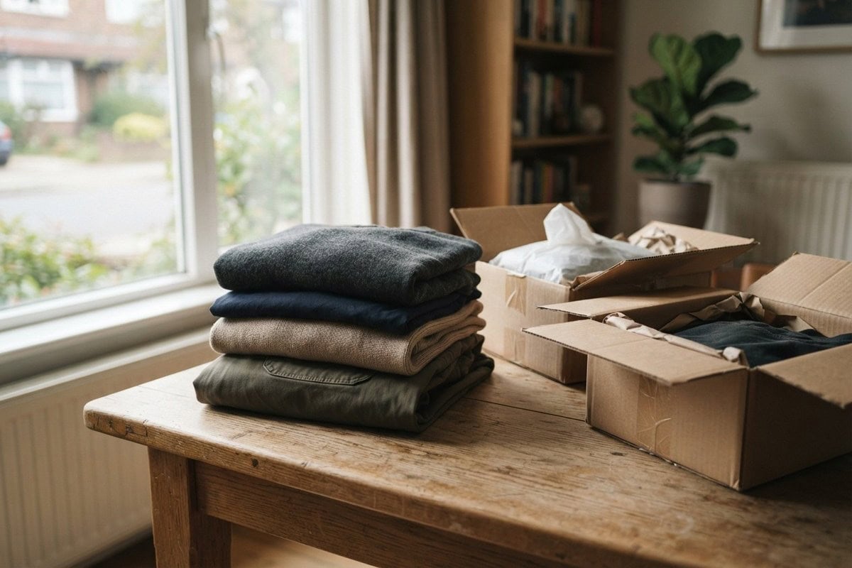 Pile de vêtements pliés sur une table en bois près de colis en carton ouverts, dans un intérieur clair.