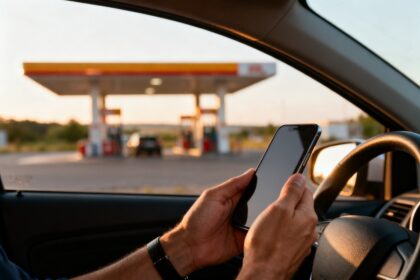 Mains tenant un smartphone dans une voiture, une station-service floue visible à travers le pare-brise.