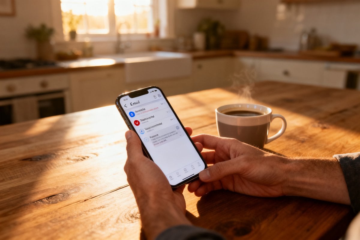 Mains tenant un smartphone ouvert sur une boîte mail, une tasse de café à côté, dans une cuisine au petit matin
