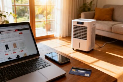 Ordinateur portable ouvert sur un site marchand, carte bancaire et climatiseur mobile dans un salon ensoleillé l'été