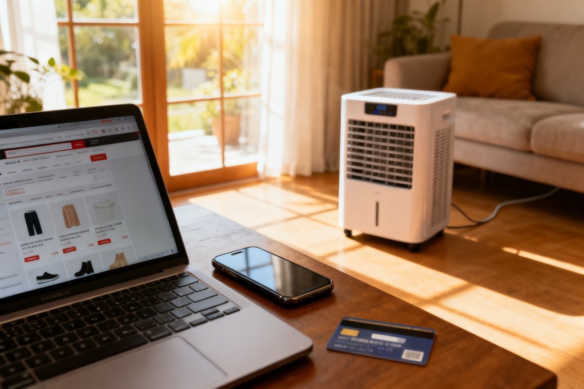 Ordinateur portable ouvert sur un site marchand, carte bancaire et climatiseur mobile dans un salon ensoleillé l'été