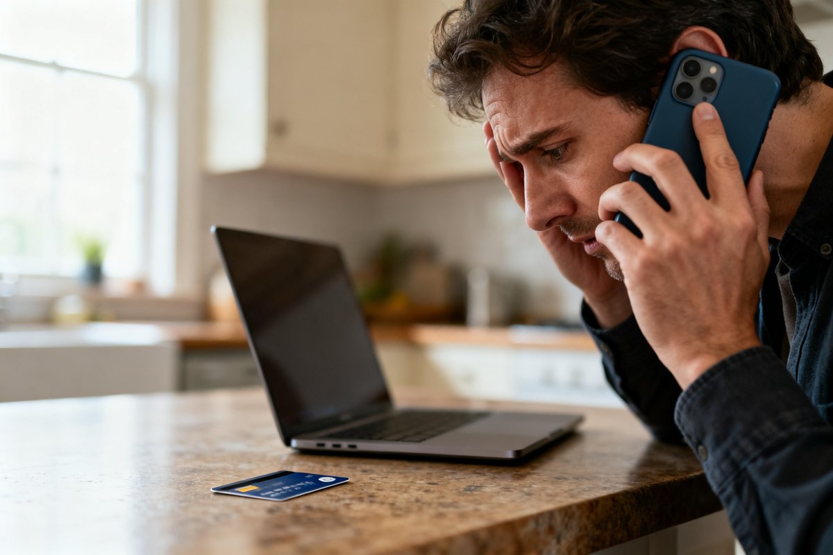 Un homme inquiet au téléphone à la table de sa cuisine, une carte bancaire et un ordinateur portable devant lui.