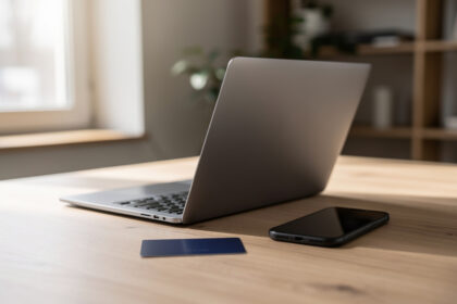 Un ordinateur portable posé sur un bureau en bois, avec une carte bancaire et un smartphone à côté, lumière naturelle