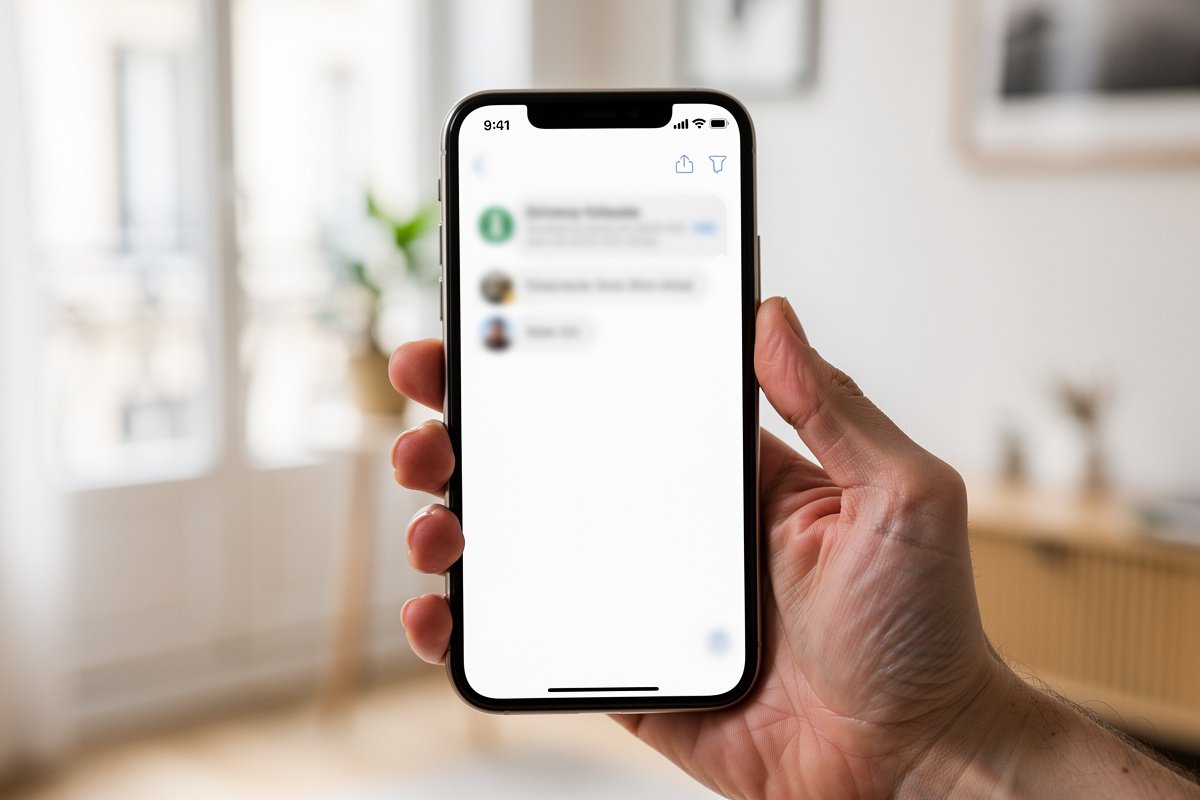 Main tenant un smartphone affichant une notification de livraison floue dans un intérieur lumineux