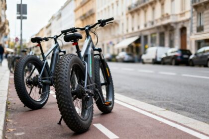 Plusieurs vélos électriques à gros pneus stationnés le long d une piste cyclable urbaine