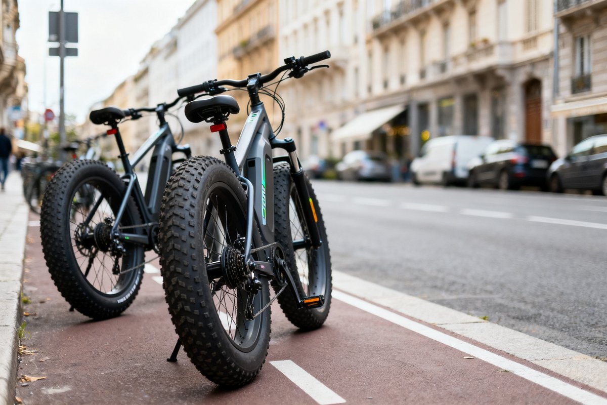 Plusieurs vélos électriques à gros pneus stationnés le long d une piste cyclable urbaine