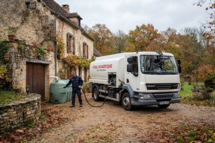 Livreur remplissant une cuve de fioul verte devant une maison en pierre, camion-citerne blanc garé dans la cour en automne