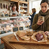 Cliente lisant l'étiquette d'un bocal de foie gras dans une épicerie fine, terrine tranchée et foie cru sur le comptoir