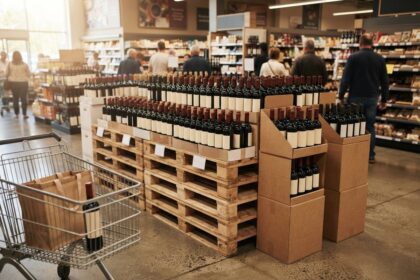 Palettes de bouteilles de vin rouge et présentoirs en carton dans un rayon de supermarché, un chariot au premier plan