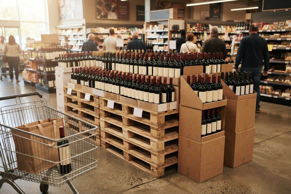 Palettes de bouteilles de vin rouge et présentoirs en carton dans un rayon de supermarché, un chariot au premier plan