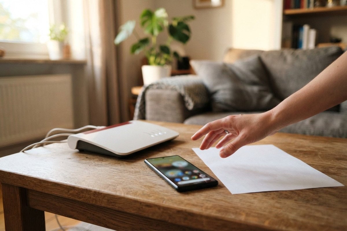 Routeur internet et smartphone sur une table basse en bois dans un salon, une main s'approche d'un document vierge