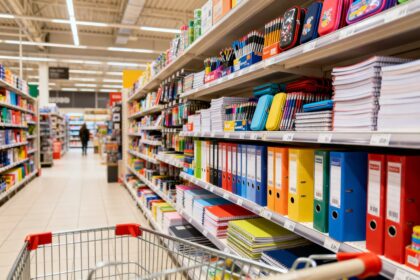 Rayon de fournitures scolaires dans un supermarché, cahiers et stylos alignés sur les étagères