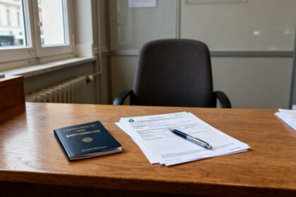 Bureau d'agence bancaire avec un livret d'épargne fermé, des documents administratifs et un stylo