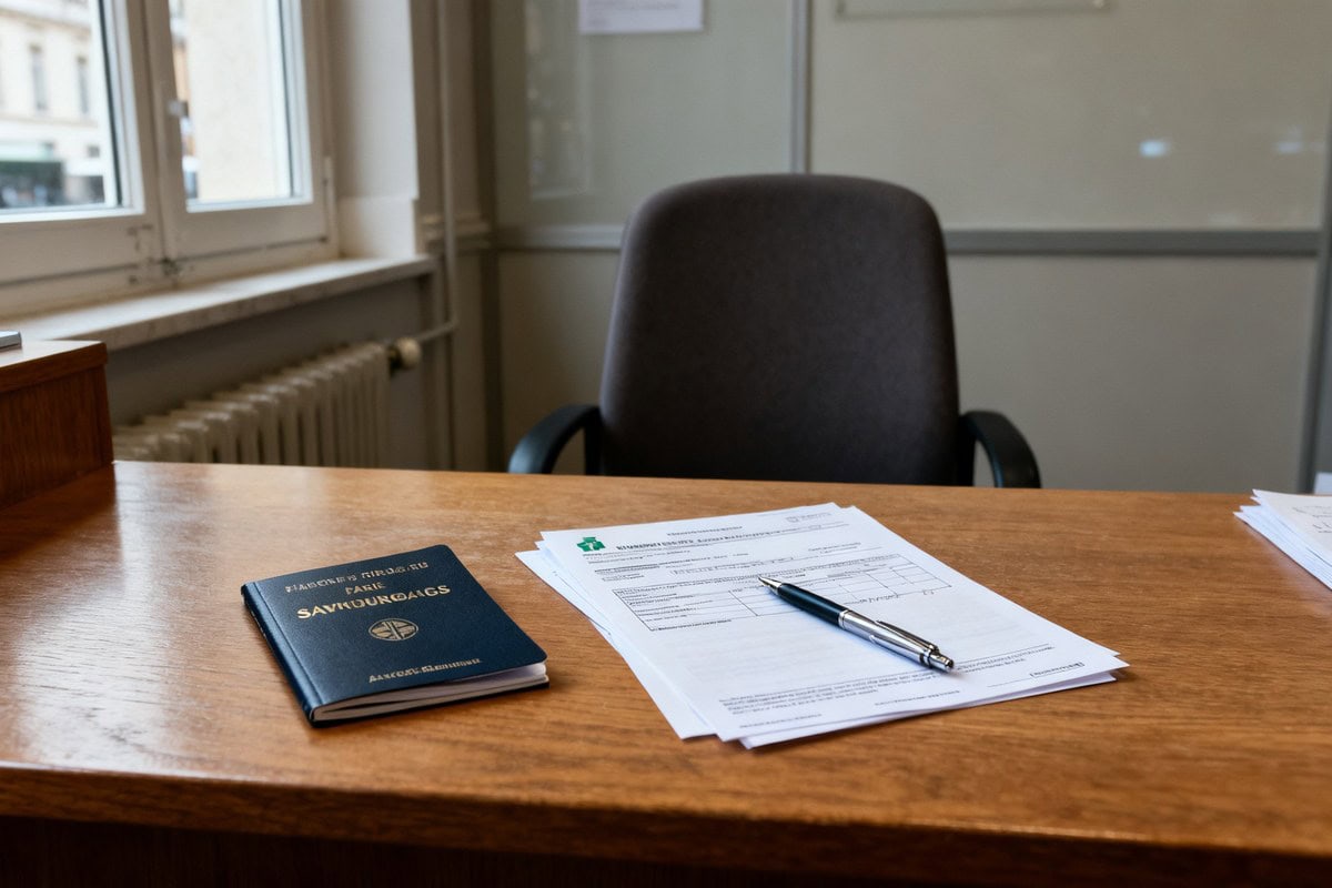Bureau d'agence bancaire avec un livret d'épargne fermé, des documents administratifs et un stylo