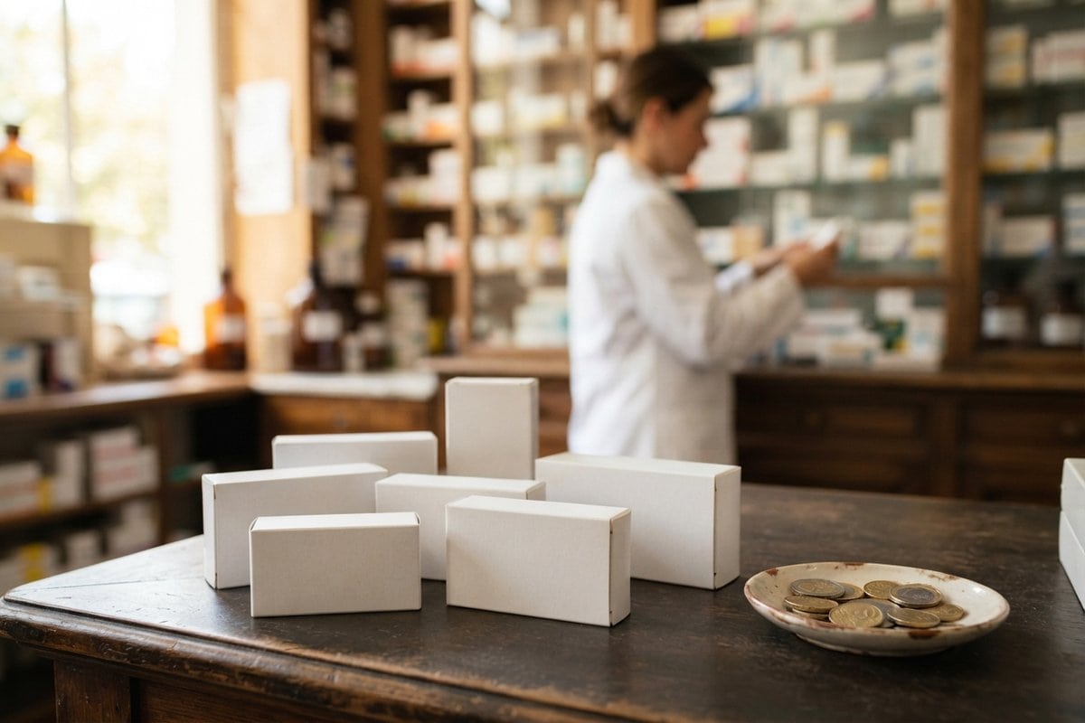 Boîtes de médicaments et une coupelle de pièces sur un comptoir de pharmacie, une pharmacienne en arrière-plan flou
