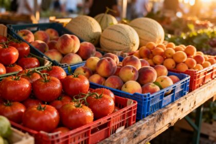 Cageots de tomates, pêches, melons et abricots sur un étal de marché de plein air au matin.