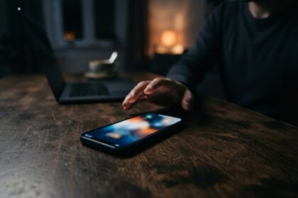 Une main s'approche d'un smartphone posé sur une table en bois le soir, un ordinateur portable flou en arrière-plan