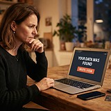Femme soucieuse devant un ordinateur portable affichant « Your data was found » et un bouton orange « Delete - 5 EUR »