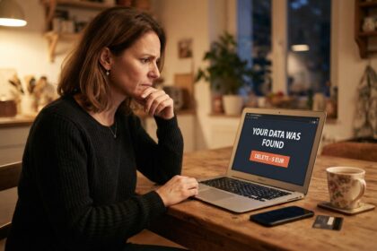 Femme soucieuse devant un ordinateur portable affichant « Your data was found » et un bouton orange « Delete - 5 EUR »