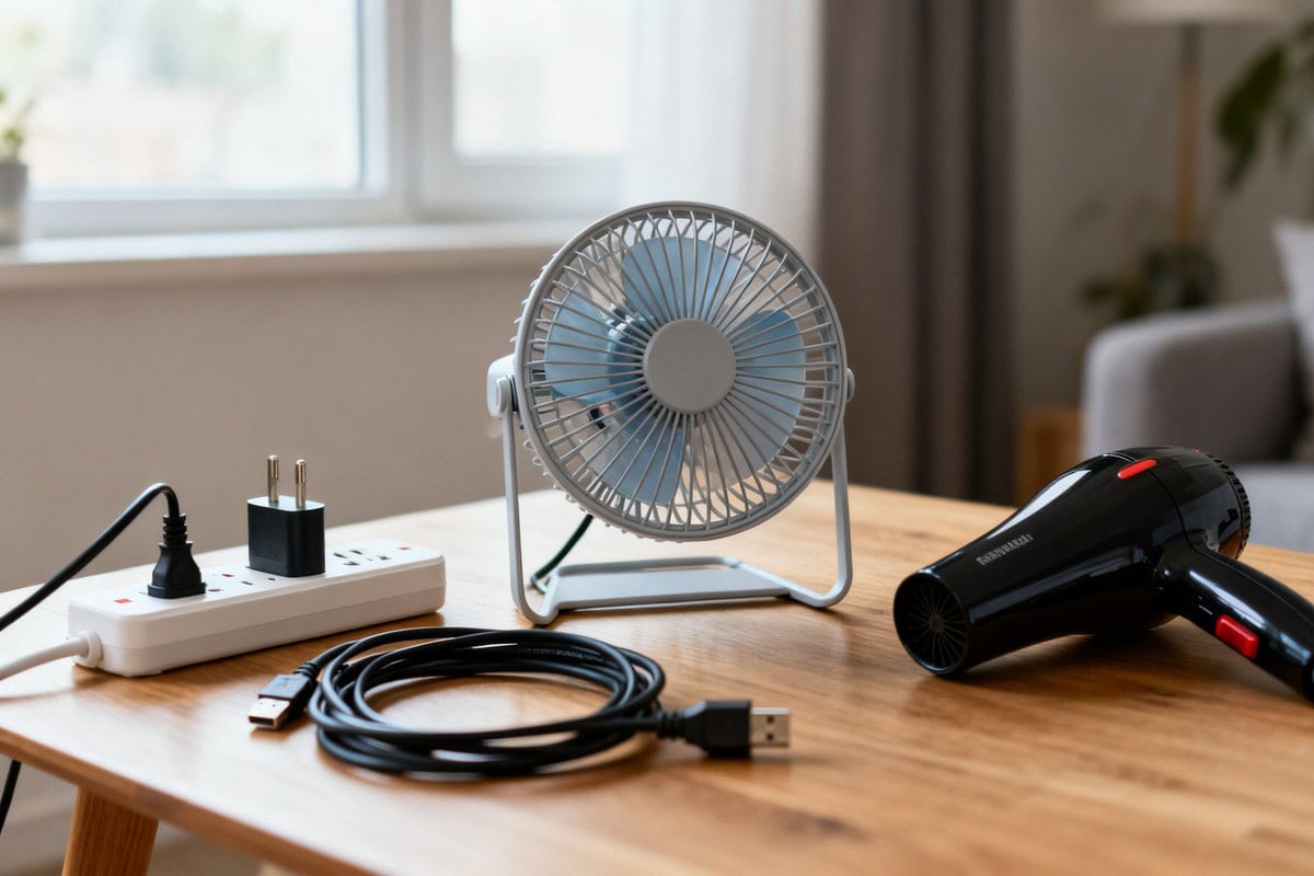 Ventilateur portable, sèche-cheveux, multiprise et câbles USB posés sur une table en bois