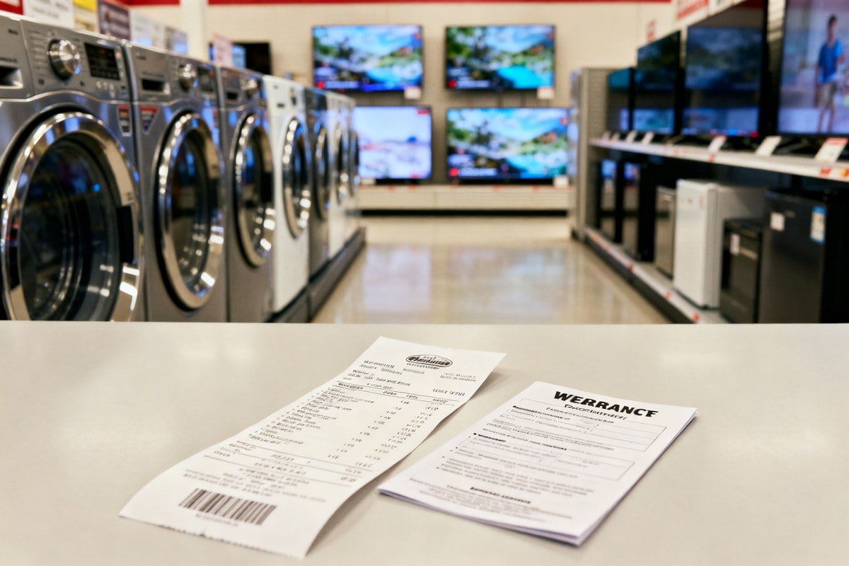 Rayon d’électroménager avec lave-linge et téléviseurs, un ticket de caisse et une notice de garantie posés au premier plan.