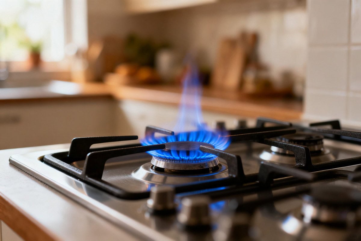 Brûleur à gaz allumé d'une gazinière en inox dans une cuisine, flamme bleue et arrière-plan ensoleillé flou.