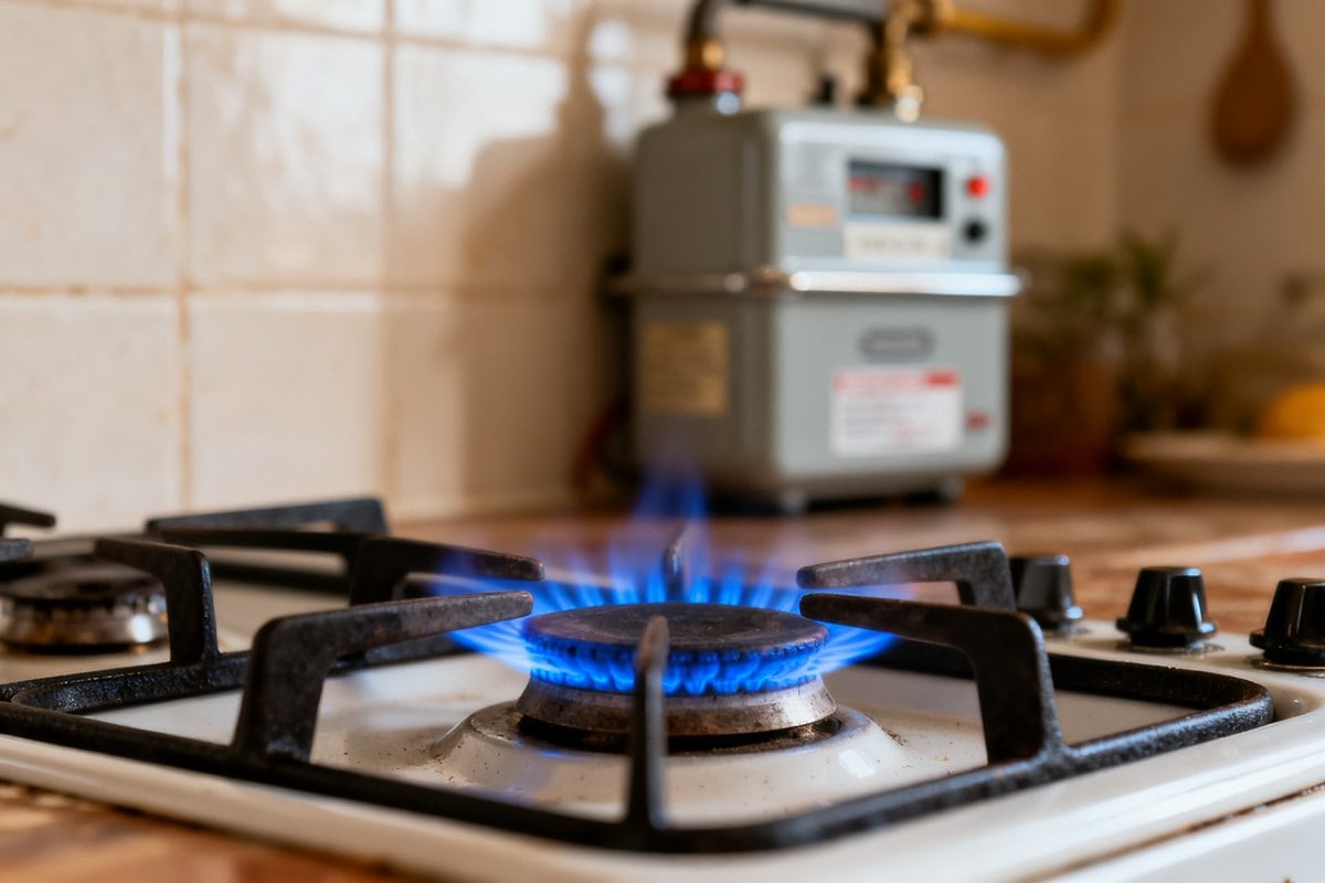 Flamme bleue d'une gazinière allumée dans une cuisine, compteur de gaz en arrière-plan