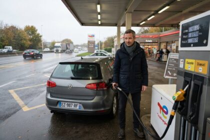 Un automobiliste fait le plein d'une citadine grise à une pompe Gazole d'une station TotalEnergies, par temps gris
