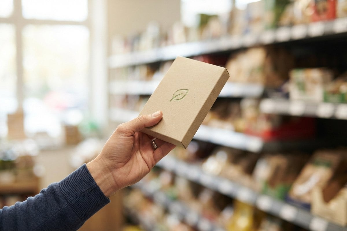 Main tenant une boîte en carton kraft marquée d'un symbole de feuille verte devant des rayons de magasin flous