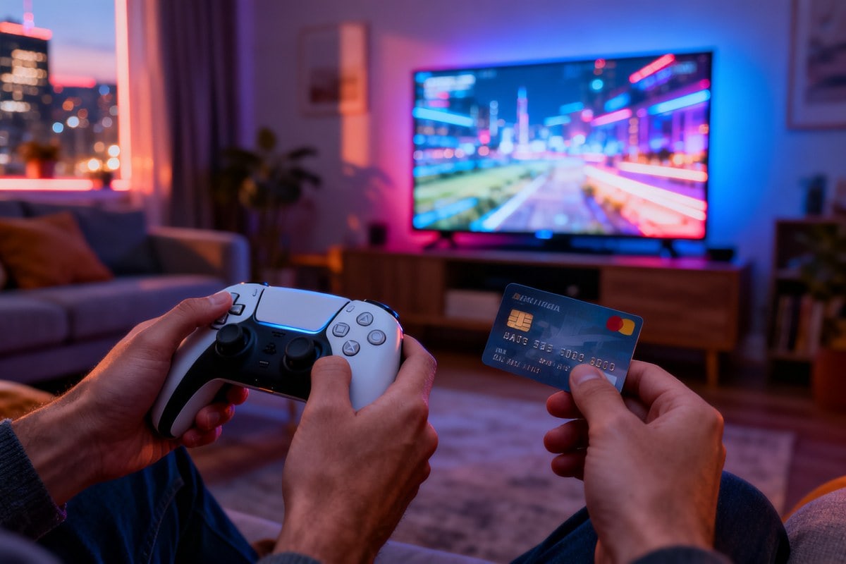 Mains tenant une manette de jeu et une carte bancaire devant un téléviseur allumé dans un salon au crépuscule