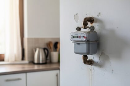 Compteur de gaz domestique sur un mur de cuisine, lumière douce du jour