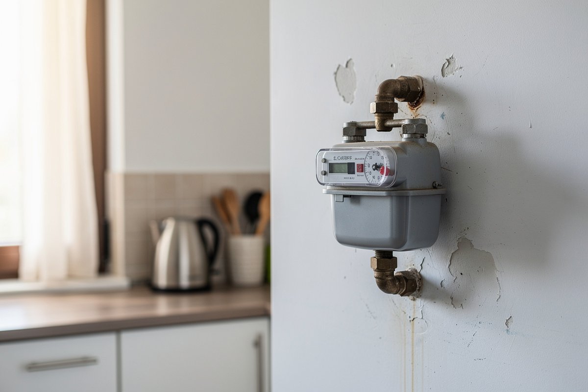Compteur de gaz domestique sur un mur de cuisine, lumière douce du jour
