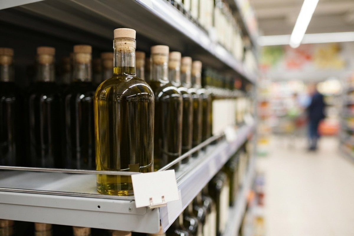 Bouteilles d'huile d'olive alignées sur un rayon de supermarché, étiquette de prix vierge au premier plan