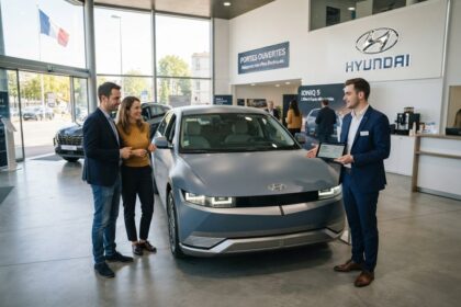 Un couple et un vendeur muni d'une tablette autour d'une compacte électrique grise dans une concession Hyundai