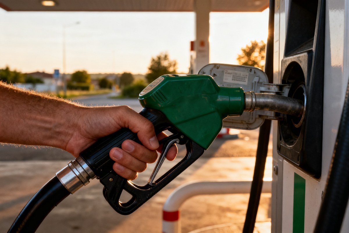 Main tenant un pistolet de pompe à carburant dans le réservoir d'une voiture, sur une station-service au lever du jour.