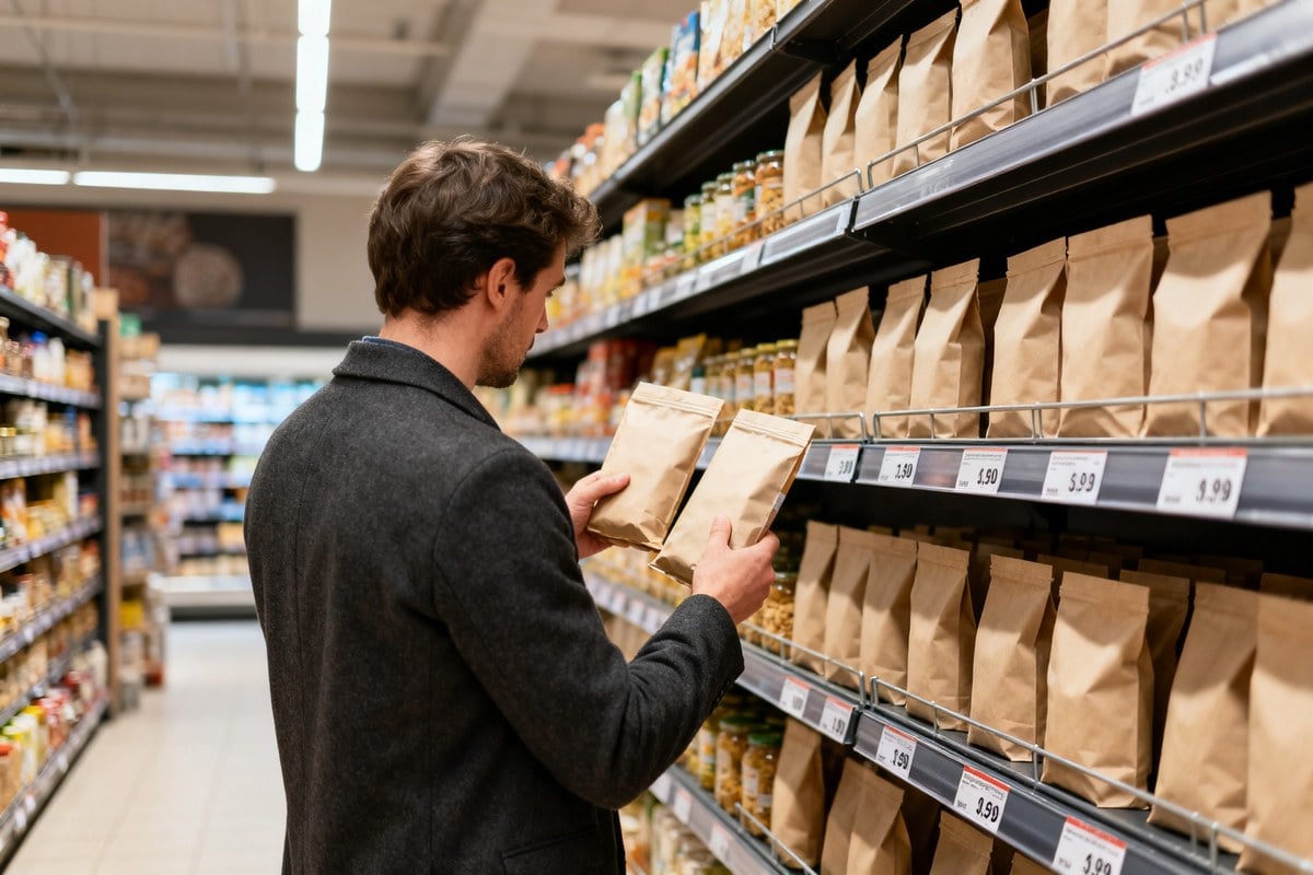 Un client compare les étiquettes de prix dans le rayon d'un supermarché