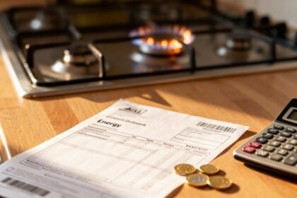 Facture d'énergie sur une table de cuisine, pièces en euros et calculatrice, brûleur à gaz allumé en arrière-plan
