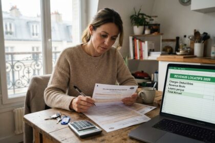 Une femme remplit une déclaration de revenus fonciers à une table de cuisine, calculatrice et ordinateur posés à côté