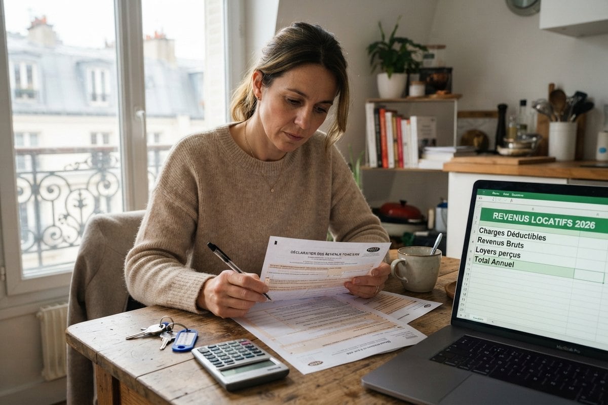 Une femme remplit une déclaration de revenus fonciers à une table de cuisine, calculatrice et ordinateur posés à côté