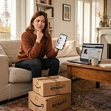 Femme pensive sur un canapé, smartphone en main, près d'un ordinateur portable et de deux colis Amazon dans un salon parisien