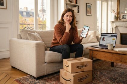 Femme pensive sur un canapé, smartphone en main, près d'un ordinateur portable et de deux colis Amazon dans un salon parisien