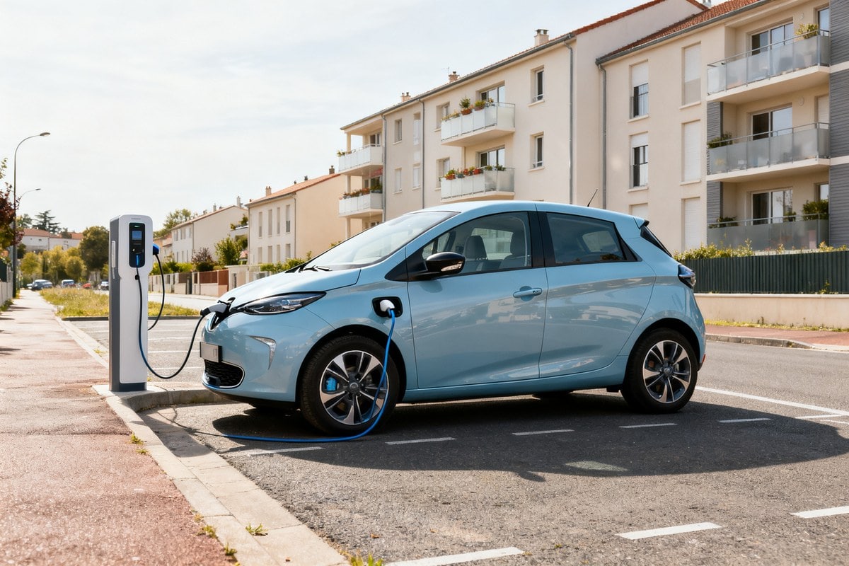 Petite voiture électrique bleue en charge sur une borne publique, dans une rue résidentielle française