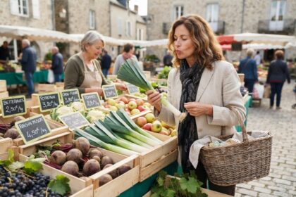 Une cliente examine un poireau sur un étal de marché, devant des cagettes de betteraves, pommes et raisin