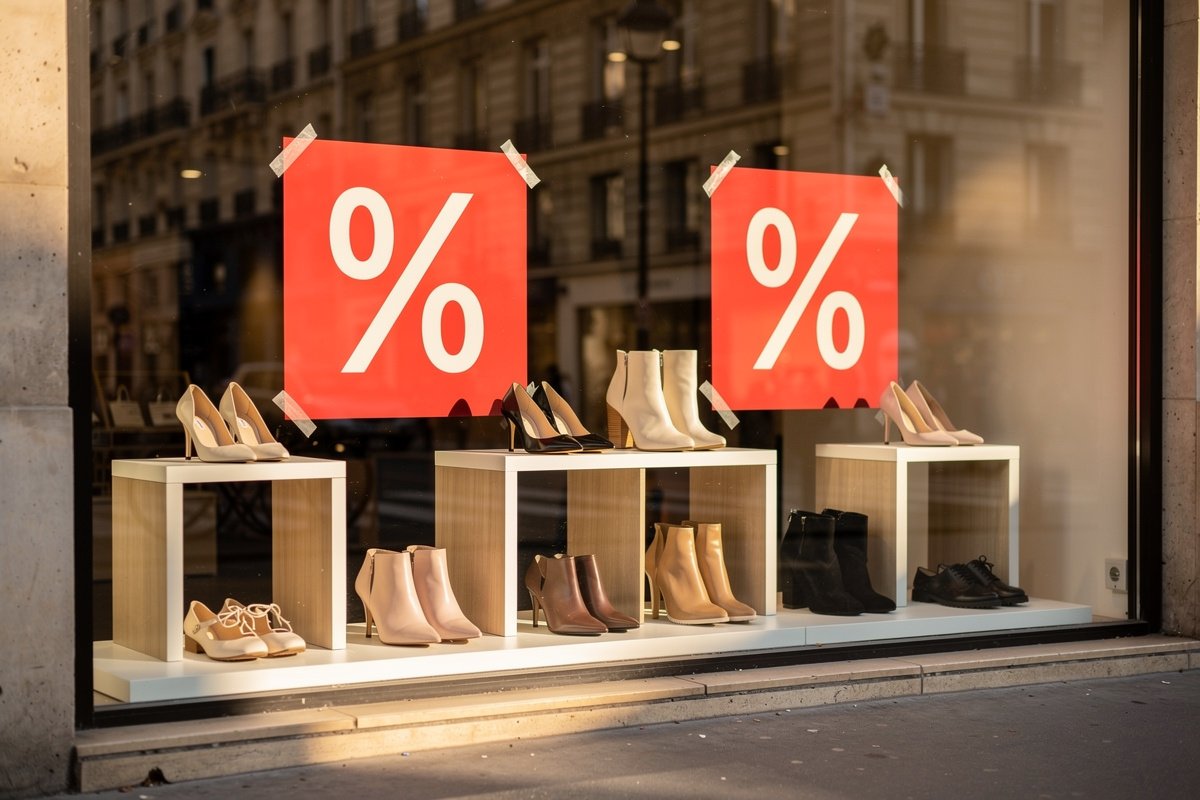 Vitrine d'une boutique de chaussures parisienne en liquidation, panneaux de soldes rouges derrière la vitre.