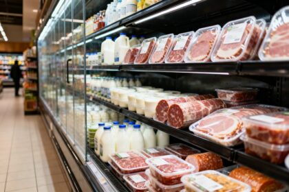 Rayon frais réfrigéré d'un supermarché avec produits emballés derrière une vitre