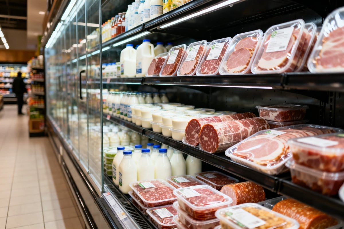 Rayon frais réfrigéré d'un supermarché avec produits emballés derrière une vitre