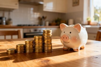 Piles de pièces de monnaie disposées en escalier croissant à côté d'une tirelire en céramique, sur une table en bois