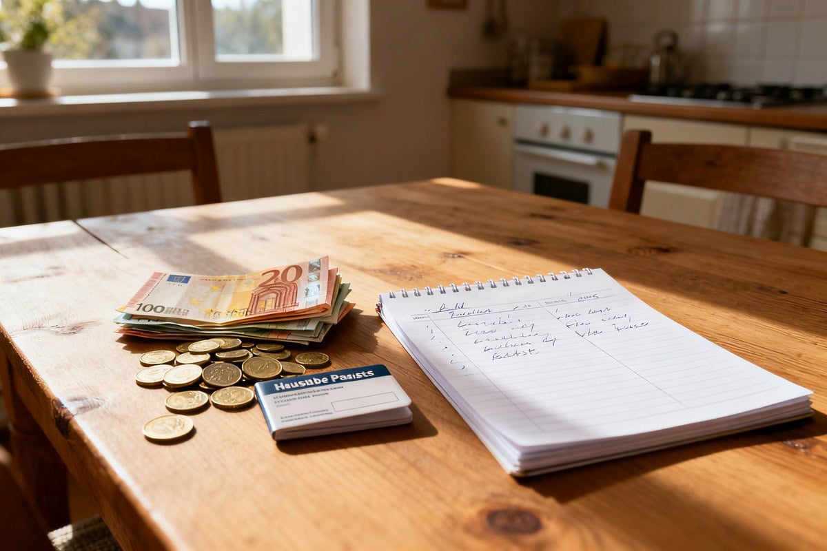 Billets et pièces en euros posés près d'un carnet de budget sur une table de cuisine.
