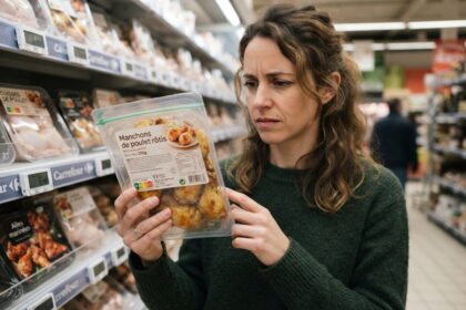 Femme lisant l'étiquette d'une barquette de manchons de poulet rôtis dans un rayon frais de supermarché