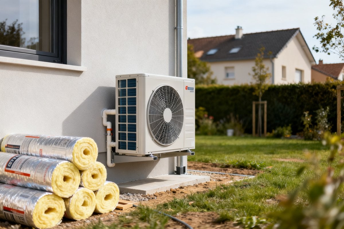 Pompe à chaleur extérieure fixée au mur d'une maison, rouleaux d'isolant thermique posés au premier plan dans un jardin
